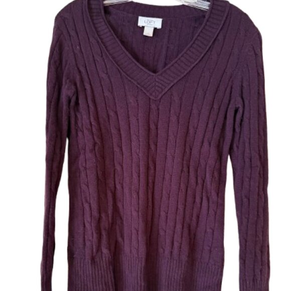 Loft Dark Purple V-Neck Cable Sweater - Wool & Rabbit Hair - Med Petite - Picture 1 of 4
